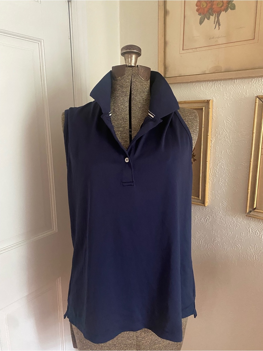 Tory Sport Pique Navy Polo Tennis Top white detail high low hem XL athletic top